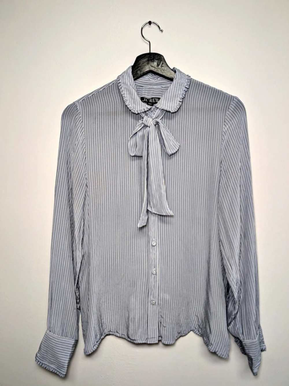 J.Crew Collection Tie-Neck Twill Top in Stripe Blue & White Small